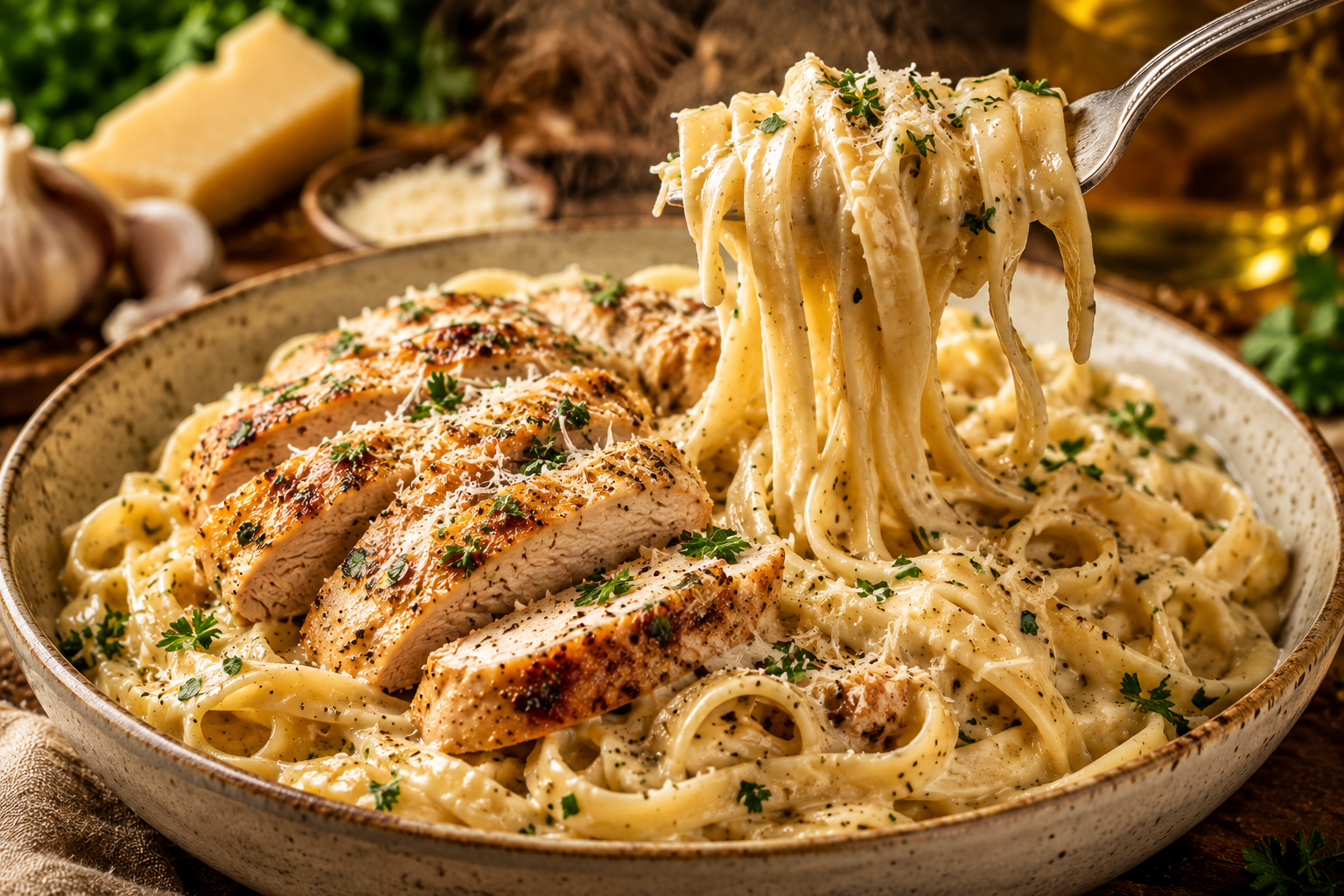 Creamy Garlic Parmesan Chicken Pasta with juicy chicken, tender pasta, rich garlic Parmesan sauce, fresh parsley, and freshly grated Parmesan cheese.