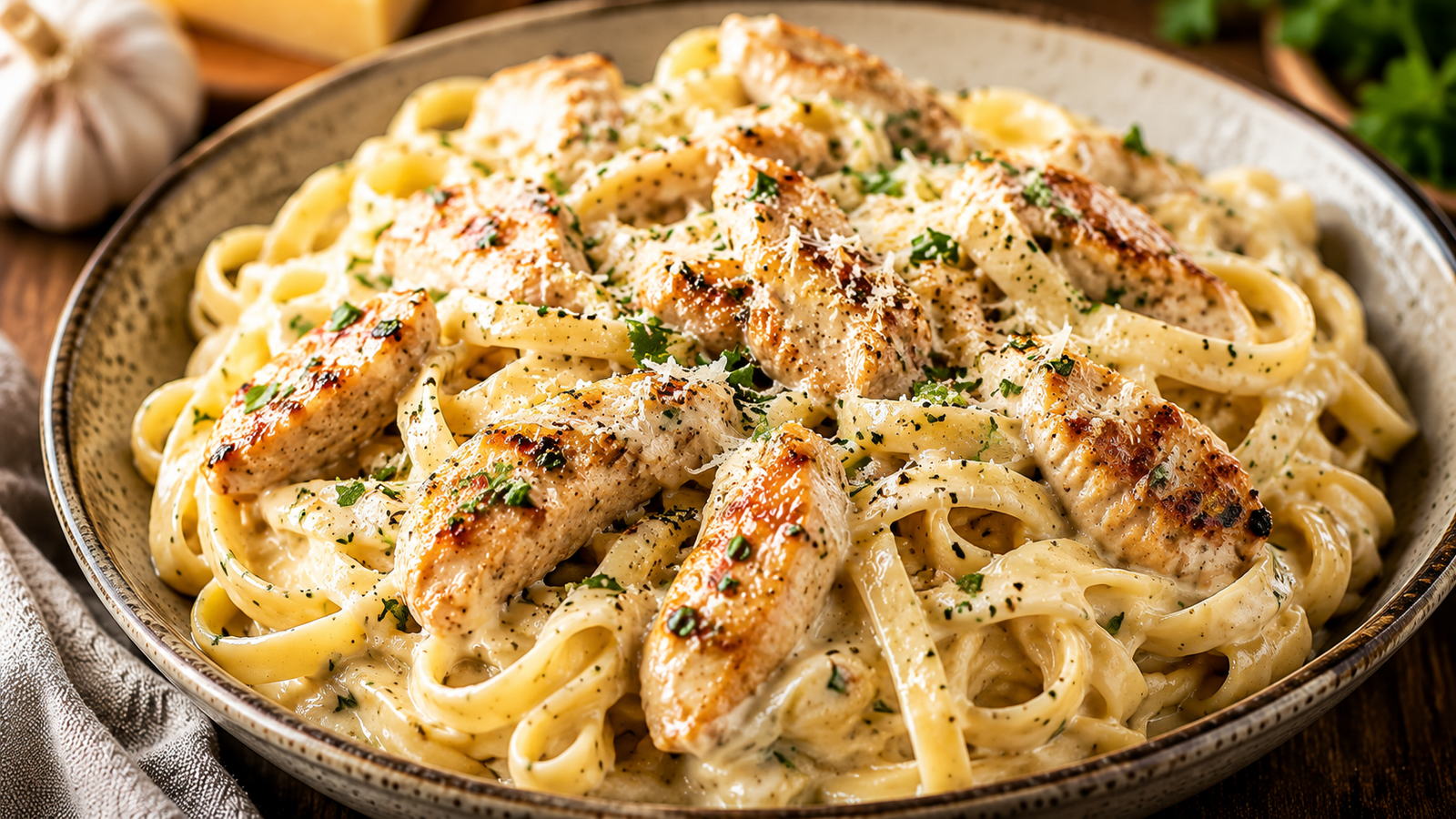 Creamy garlic Parmesan pasta garnished with fresh parsley and grated Parmesan cheese.
