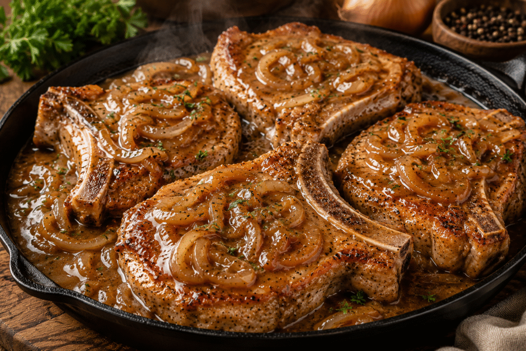 Smothered Pork Chops with Onion Gravy served in a cast-iron skillet with thick bone-in pork chops, caramelized onions, and rich homemade gravy.