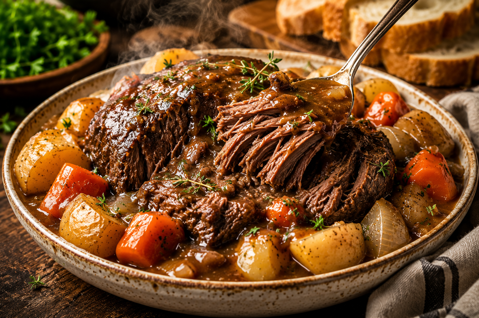 Slow Cooker Pot Roast with tender beef, carrots, potatoes, onions, and rich homemade gravy.