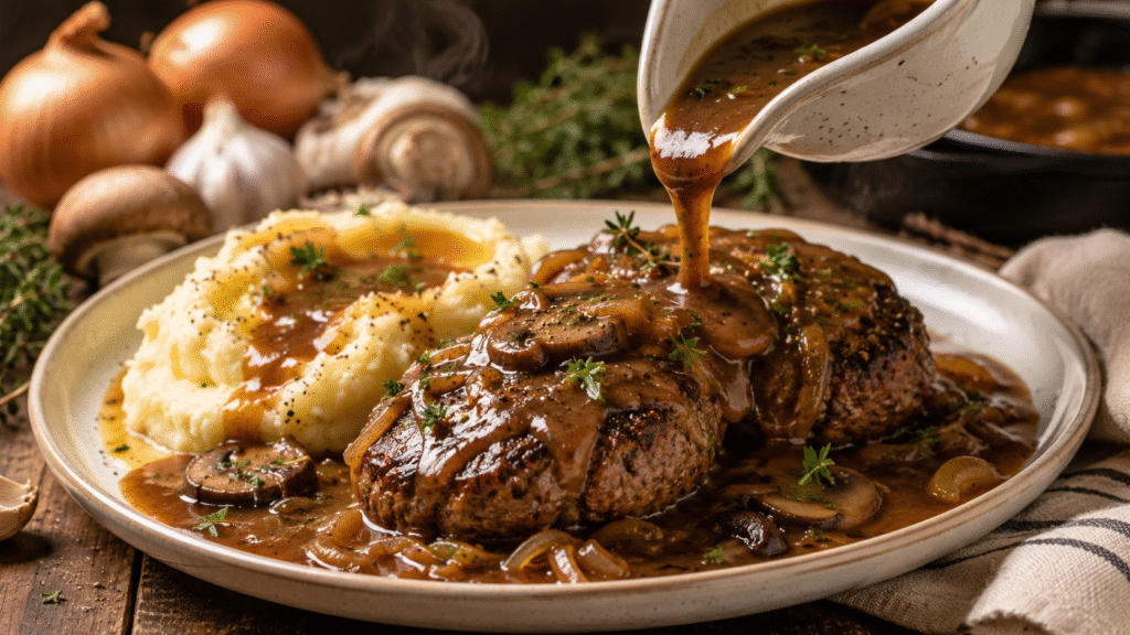 Rich onion mushroom gravy being poured over juicy homemade Salisbury steak served with creamy buttery mashed potatoes.