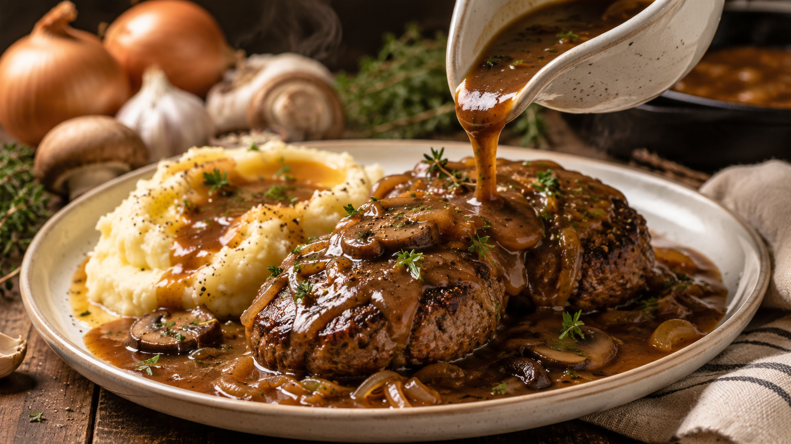 Rich onion mushroom gravy being poured over juicy homemade Salisbury steak served with creamy buttery mashed potatoes.