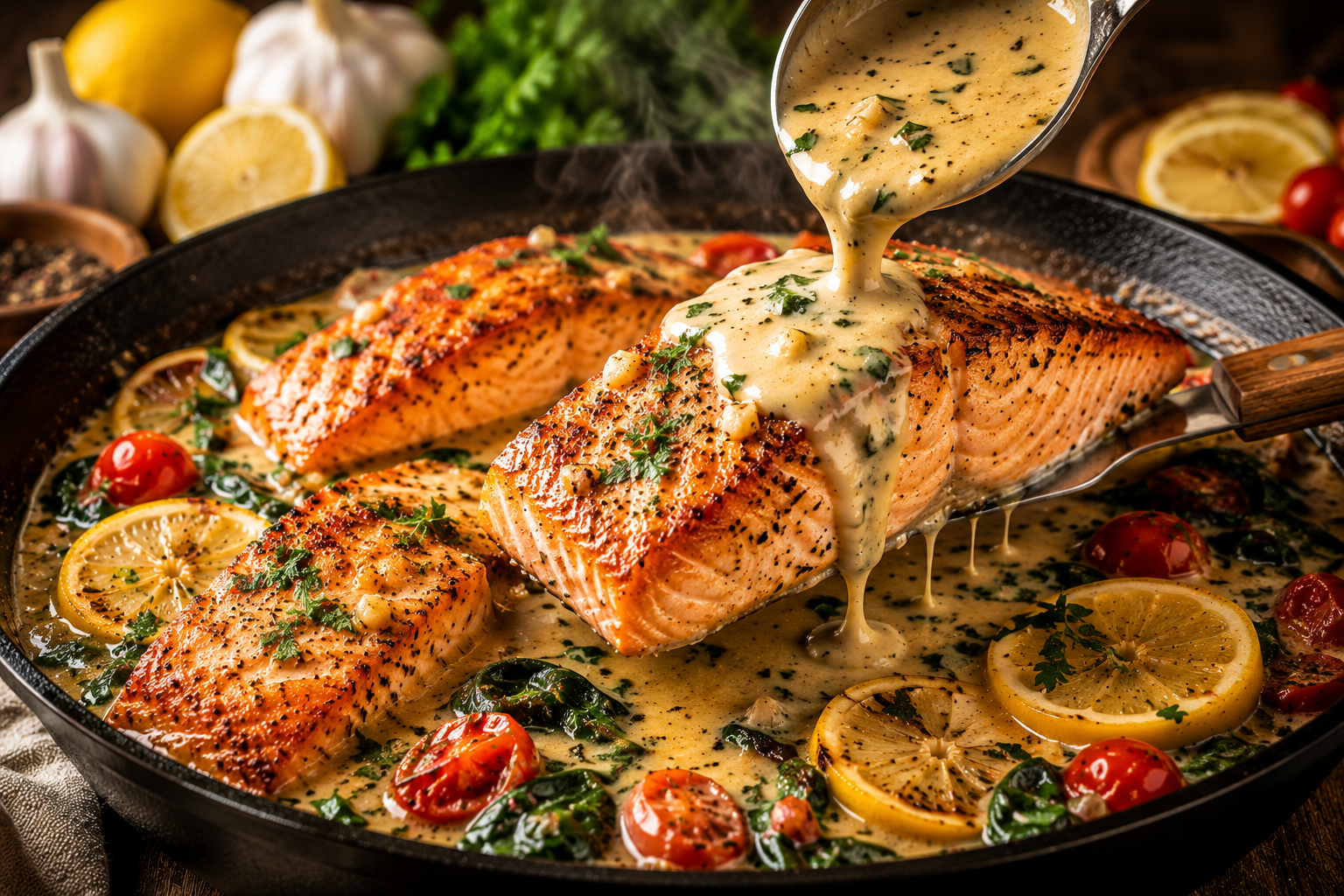 Lemon Garlic Butter Salmon with a buttery garlic sauce, fresh herbs, lemon slices, and perfectly seared salmon fillets.