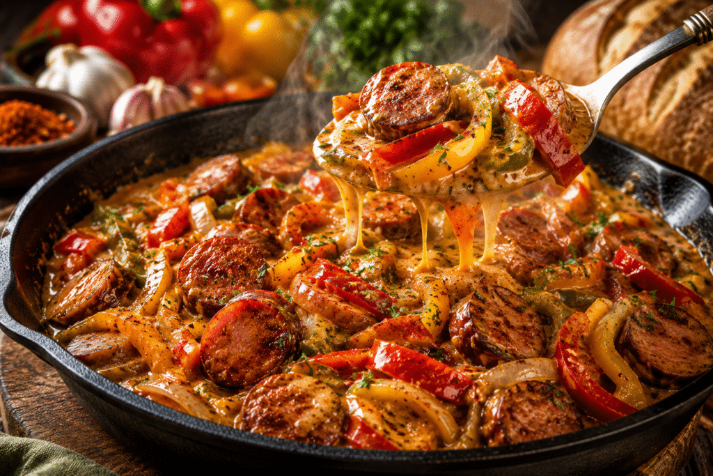Smoked Sausage & Potatoes Skillet with smoked sausage, crispy golden potatoes, onions, bell peppers, and fresh herbs.