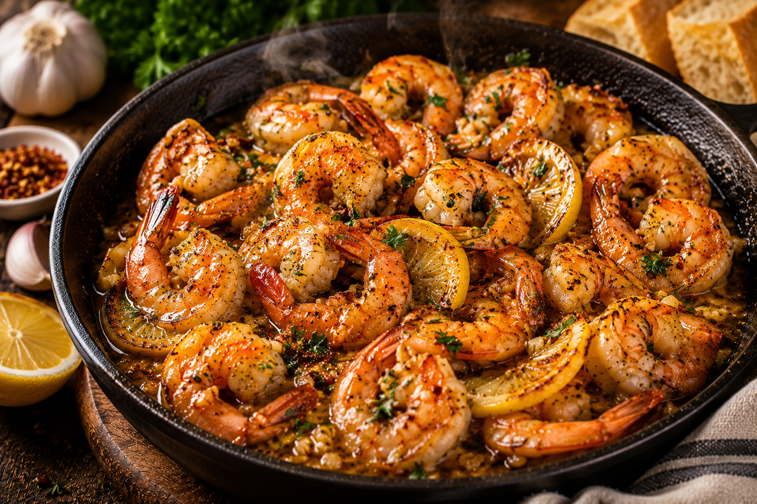 Garlic Butter Shrimp Skillet with seared shrimp, garlic, lemon slices, fresh parsley, and buttery herb sauce in a cast-iron skillet.