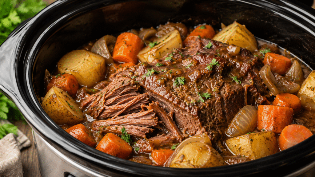 Slow Cooker Pot Roast with tender beef, carrots, potatoes, onions, and rich homemade gravy.