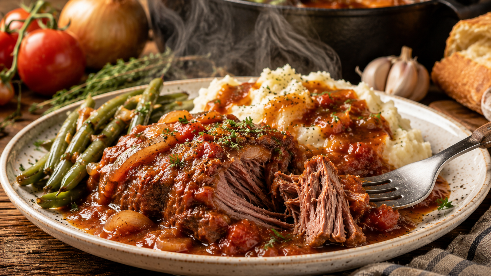 Swiss steak with rich tomato onion gravy served alongside creamy mashed potatoes and roasted garlic green beans on a rustic dinner plate.