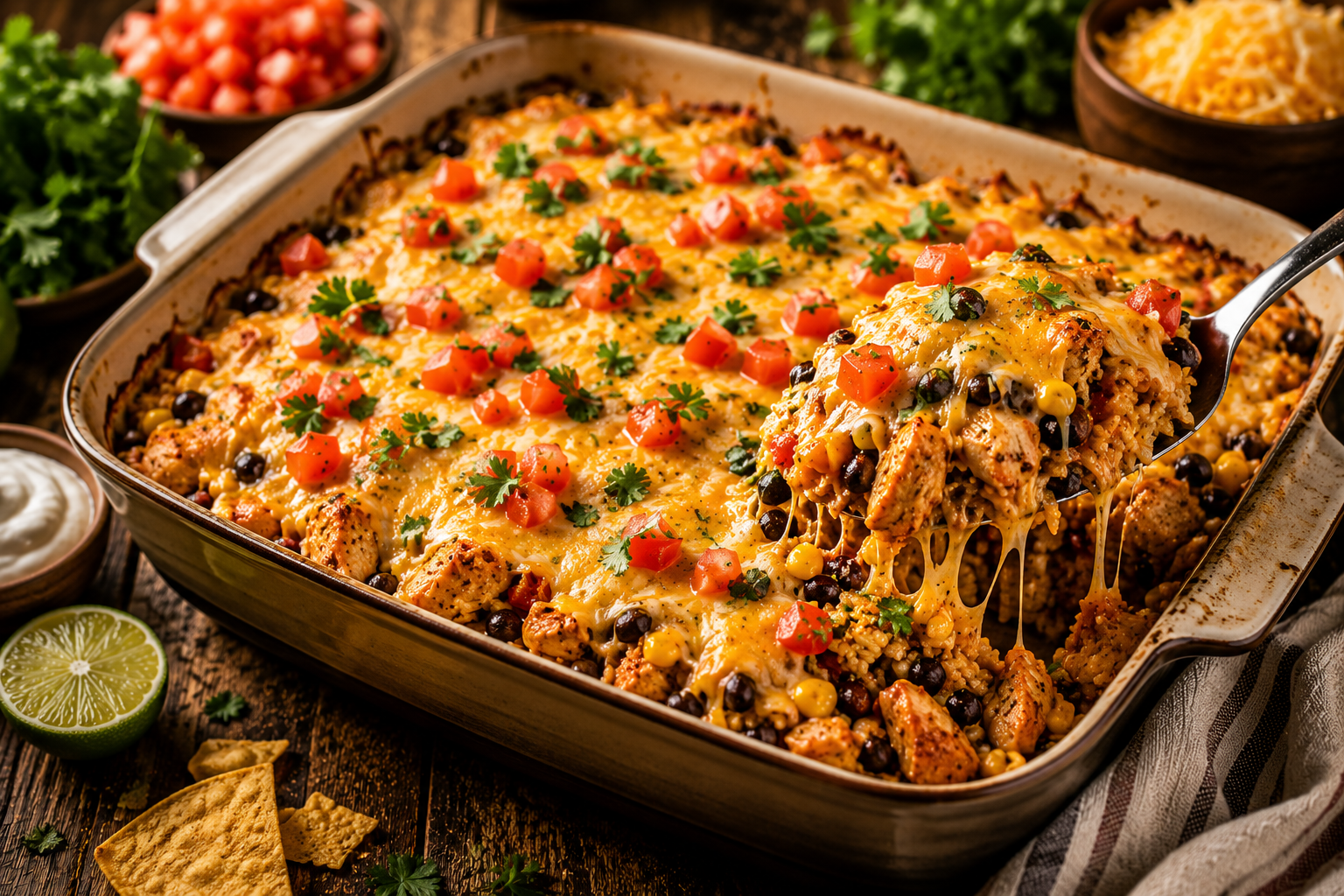 Chicken Taco Rice Bake with seasoned chicken, cheesy rice, black beans, corn, tomatoes, melted cheddar cheese, and fresh cilantro in a rustic baking dish.