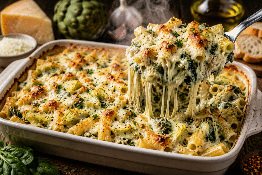 Spinach Artichoke Ziti Bake with creamy ziti pasta, tender spinach, artichoke hearts, bubbling mozzarella cheese, and a rich garlic Parmesan sauce.