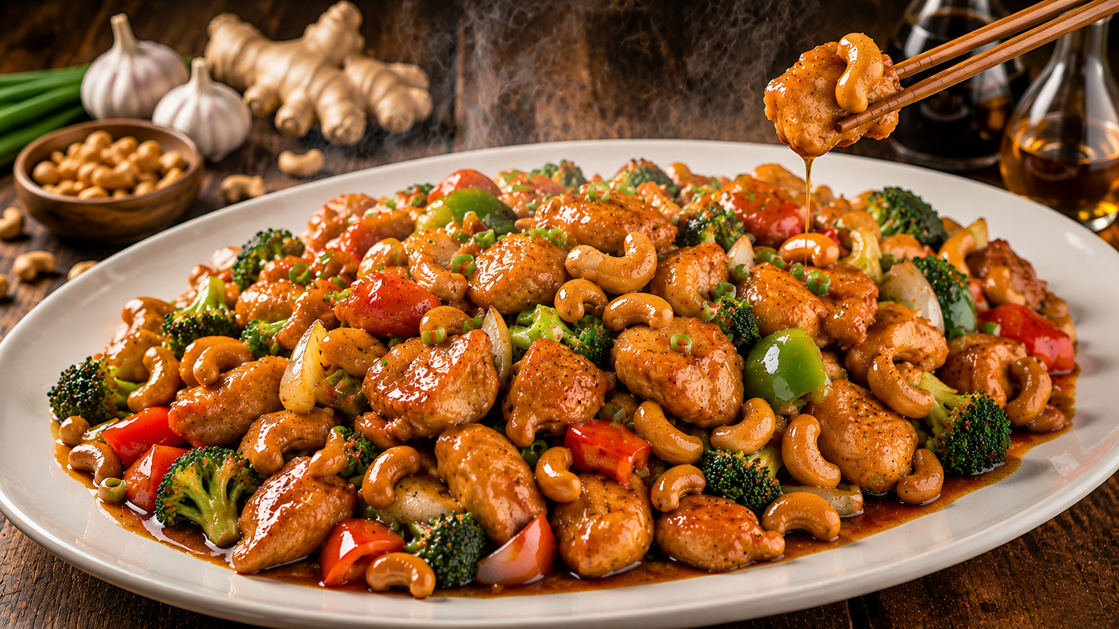 Better-Than-Takeout Cashew Chicken served on a medium white oval platter with tender chicken, crisp broccoli, bell peppers, roasted cashews, and a glossy garlic soy sauce.