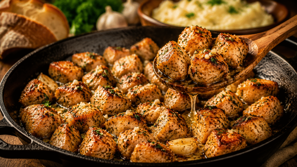 Garlic Butter Chicken Bites seared until golden and coated in a rich garlic butter sauce with fresh herbs served in a cast iron skillet.