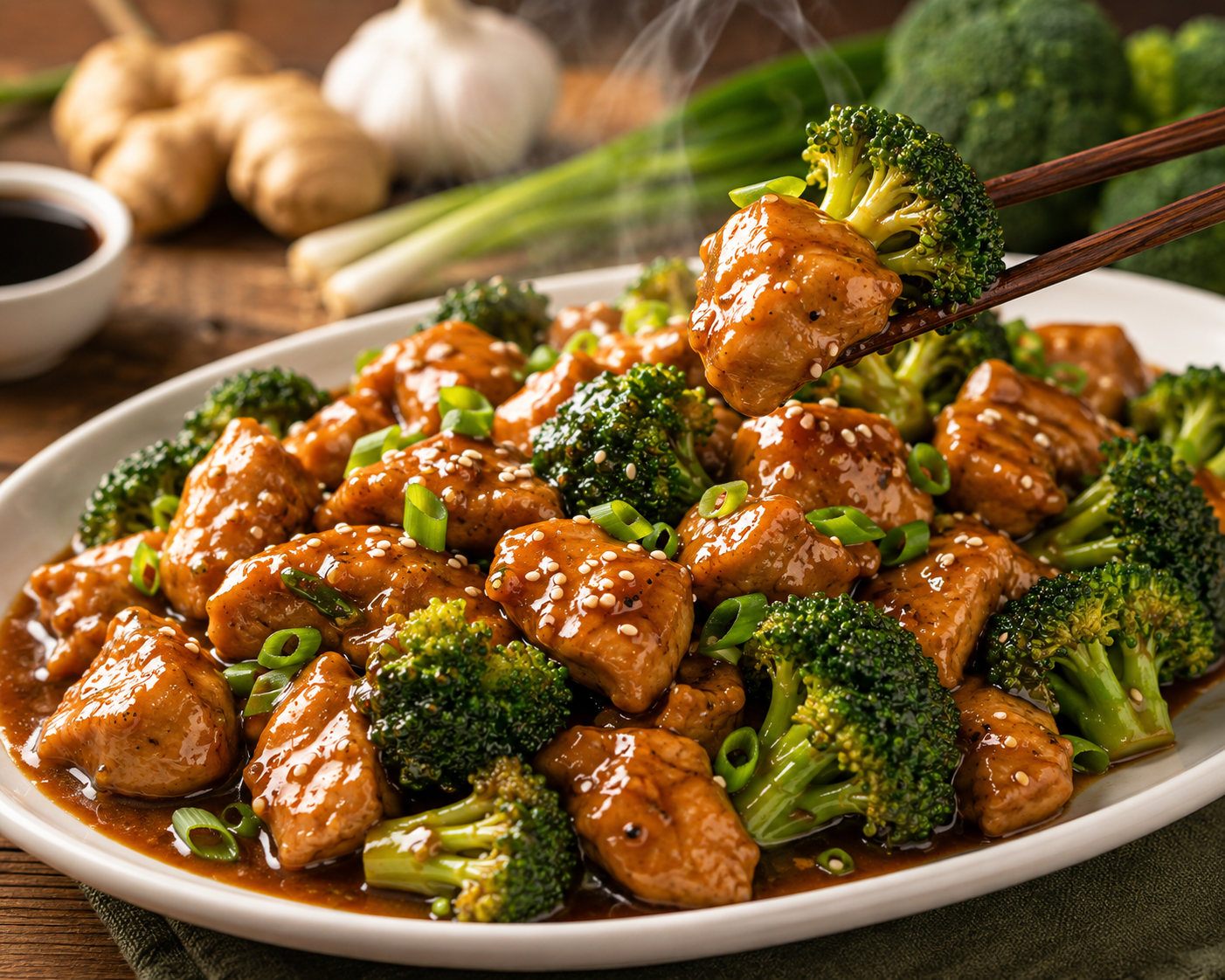 Better-Than-Takeout Chicken & Broccoli served on a medium white platter with tender chicken, crisp broccoli, savory garlic soy sauce, sesame seeds, and sliced green onions.