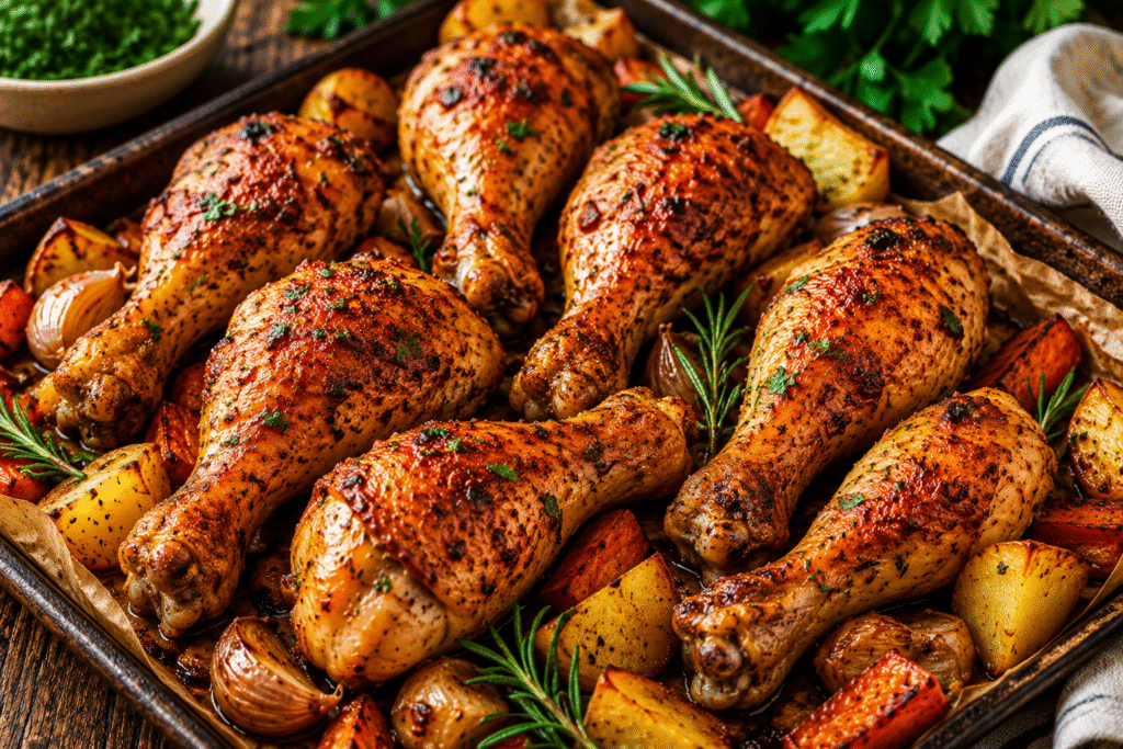 Golden Oven-Baked Chicken Drumsticks with crispy seasoned skin served on a rustic baking tray with roasted potatoes, carrots, garlic, and fresh rosemary.