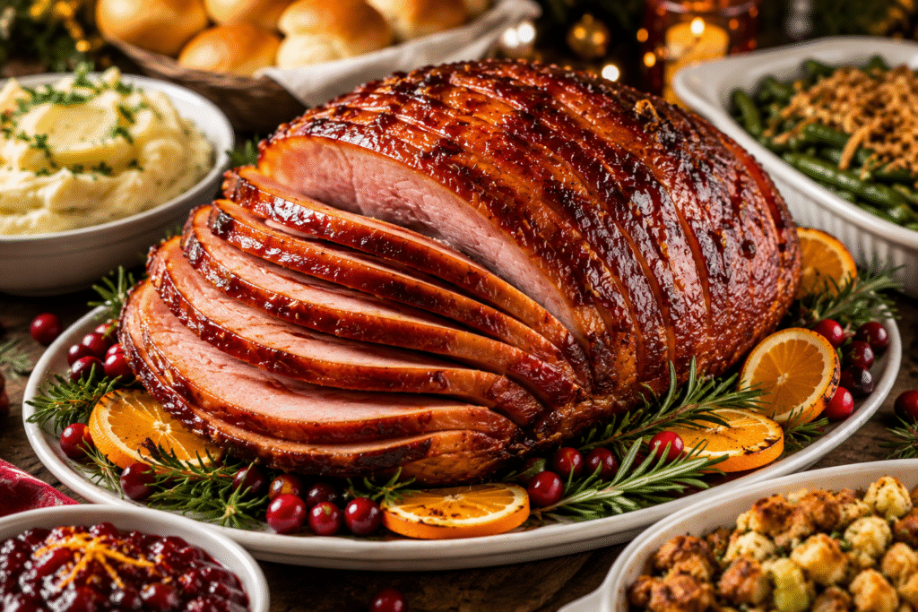 Brown Sugar Honey Glazed Ham with a glossy caramelized glaze, spiral slices, rosemary, cranberries, and holiday side dishes on a festive table.