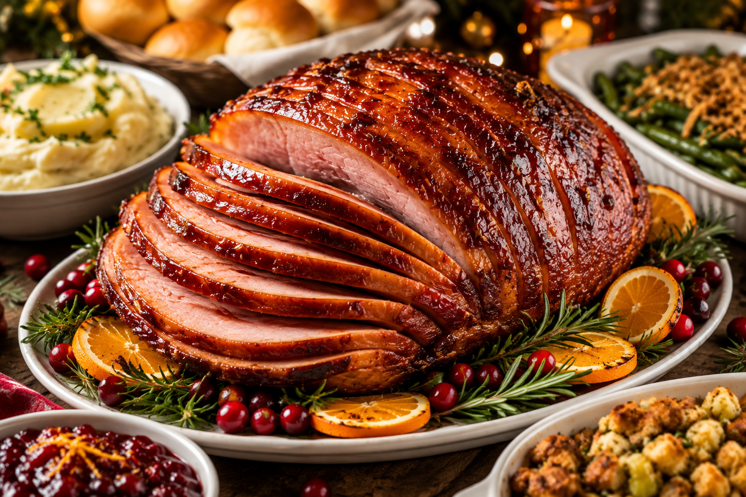 Brown Sugar Honey Glazed Ham with a glossy caramelized glaze, spiral slices, rosemary, cranberries, and holiday side dishes on a festive table.