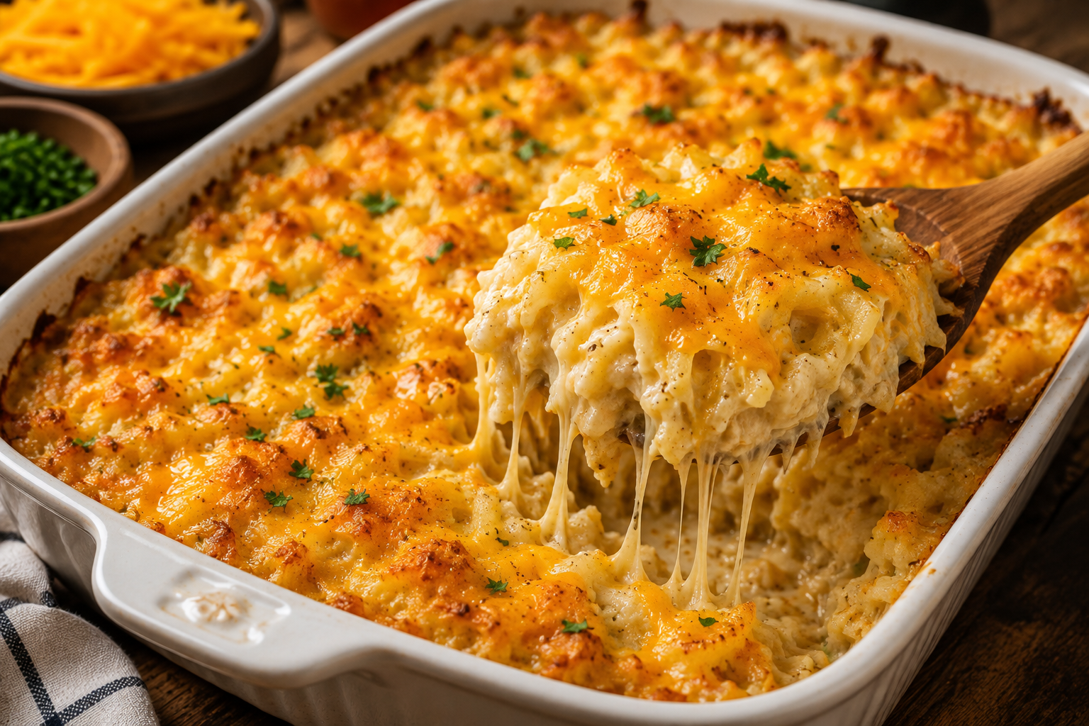 Cheesy Hash Brown Casserole with a golden melted cheddar topping and a creamy, cheesy serving lifted from a rustic baking dish.