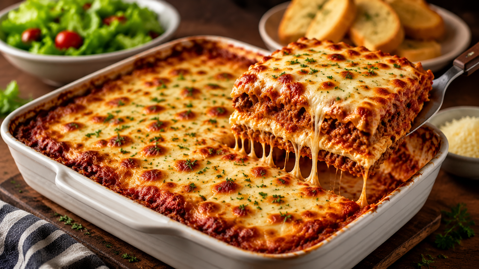 Ultimate Cheesy Beef Lasagna with layers of pasta, rich meat sauce, melted cheese, and a golden bubbly topping served fresh from the oven.