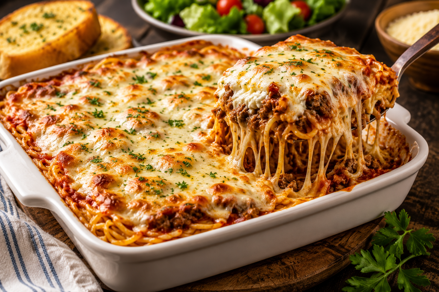 Million Dollar Spaghetti baked with layers of seasoned beef, creamy cheese, spaghetti, rich marinara, and golden melted mozzarella.