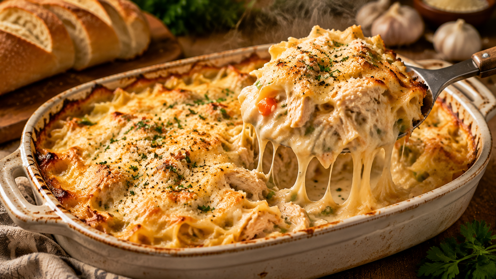 Creamy Chicken Noodle Casserole with tender chicken, egg noodles, vegetables, and melted cheese baked until golden and bubbly in a rustic casserole dish.