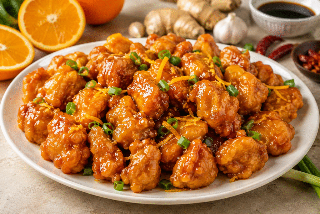 Better-Than-Takeout Orange Chicken served on a medium white platter with crispy golden chicken coated in a glossy homemade orange glaze, garnished with fresh orange zest, green onions, and sesame seeds
