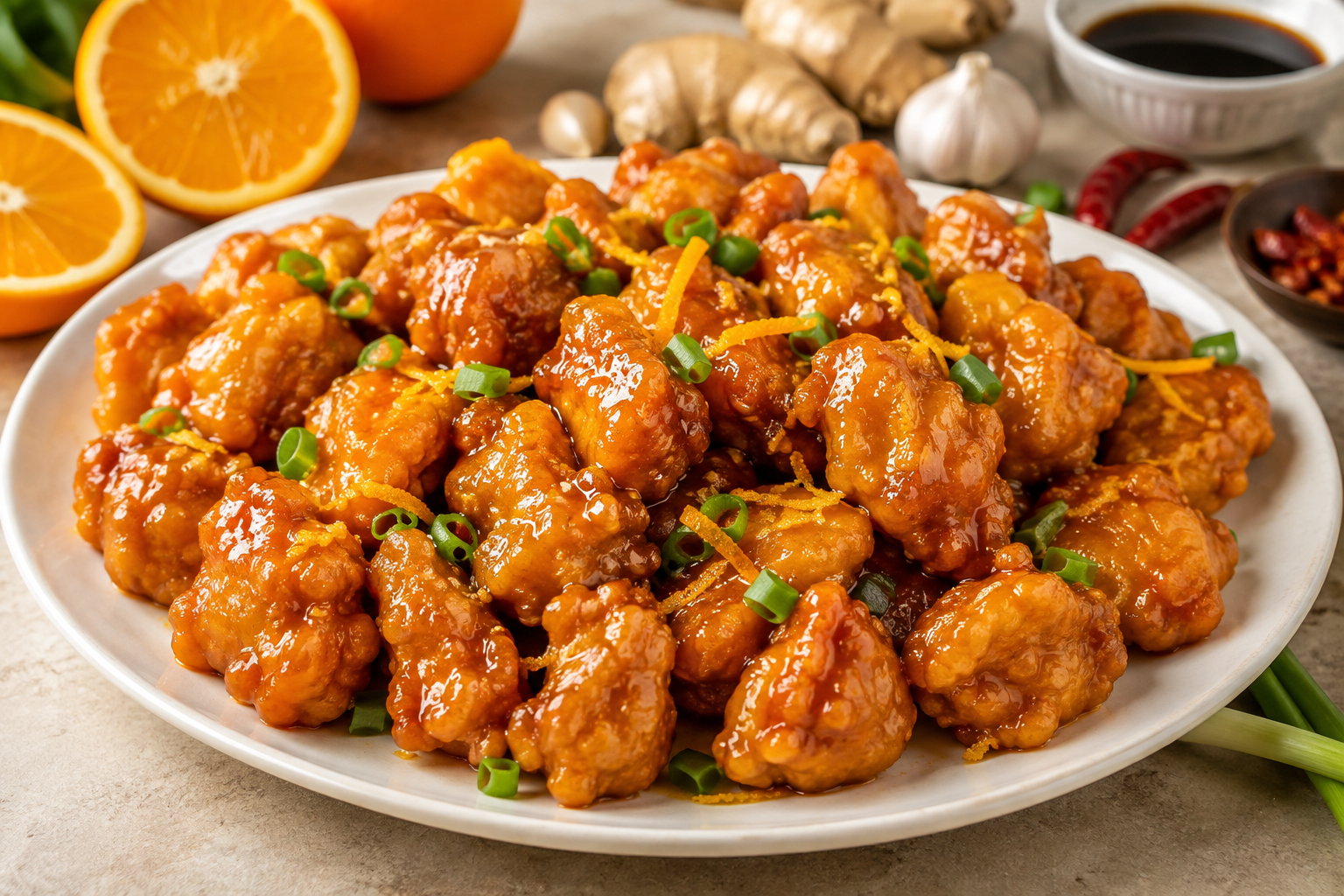 Better-Than-Takeout Orange Chicken served on a medium white platter with crispy golden chicken coated in a glossy homemade orange glaze, garnished with fresh orange zest, green onions, and sesame seeds