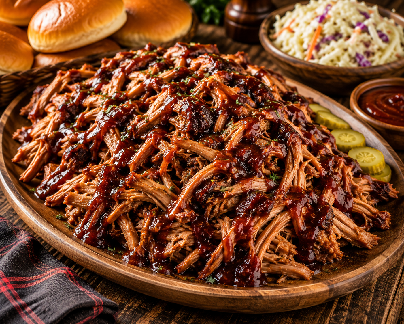 Slow Cooker BBQ Pulled Pork shredded until tender and coated in rich smoky barbecue sauce, served on toasted buns.