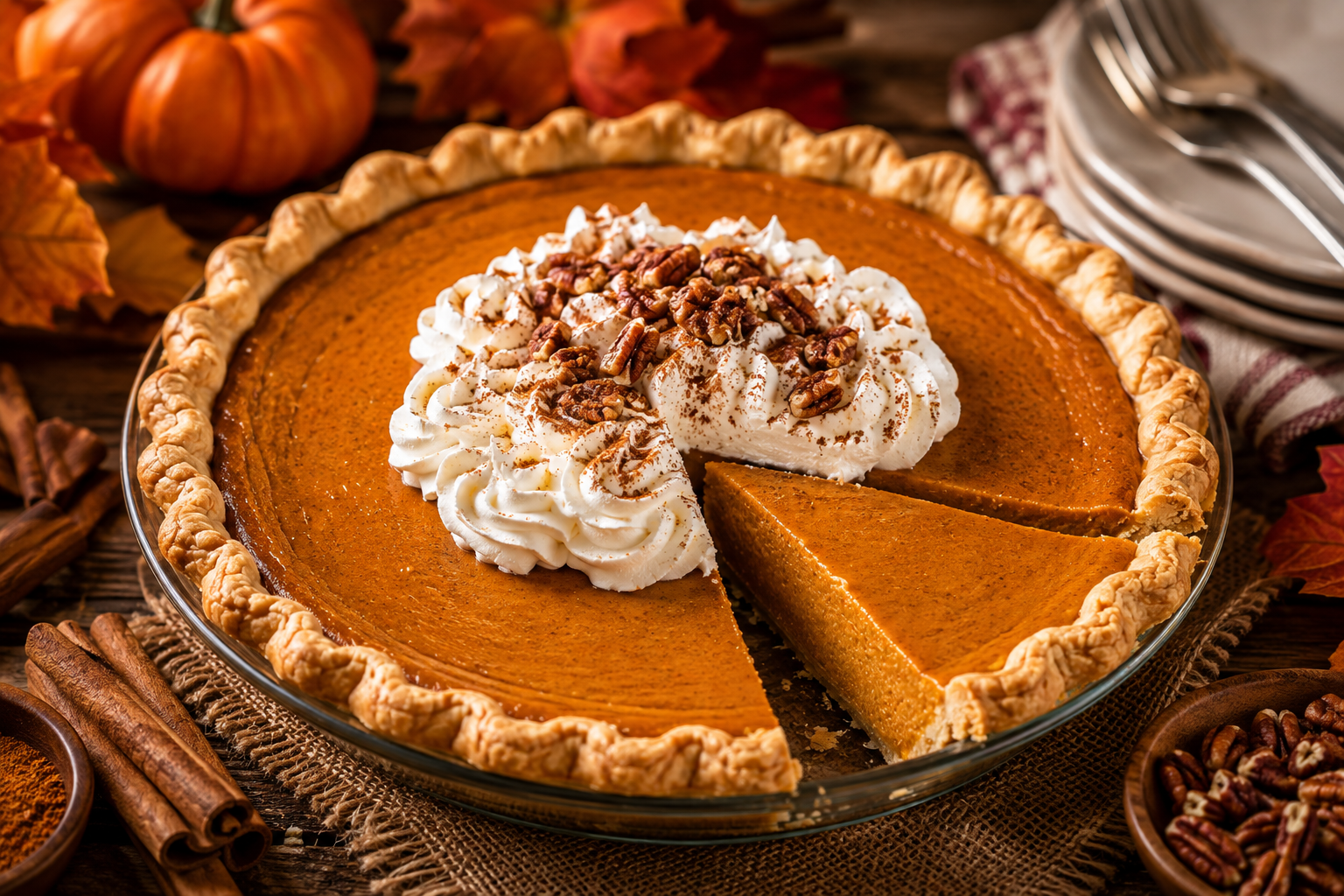 Classic Pumpkin Pie with a silky spiced pumpkin filling, flaky buttery crust, whipped cream, cinnamon, and pecans on a rustic wooden table.