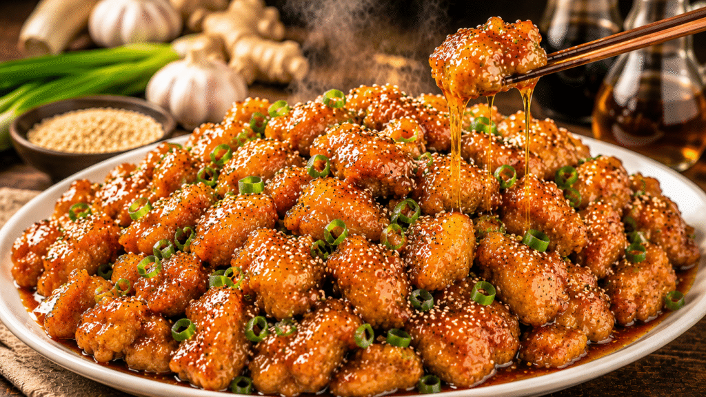 Better-Than-Takeout Sesame Chicken served on a medium white oval platter with crispy golden chicken coated in a glossy honey-sesame glaze, garnished with toasted sesame seeds and fresh green onions.