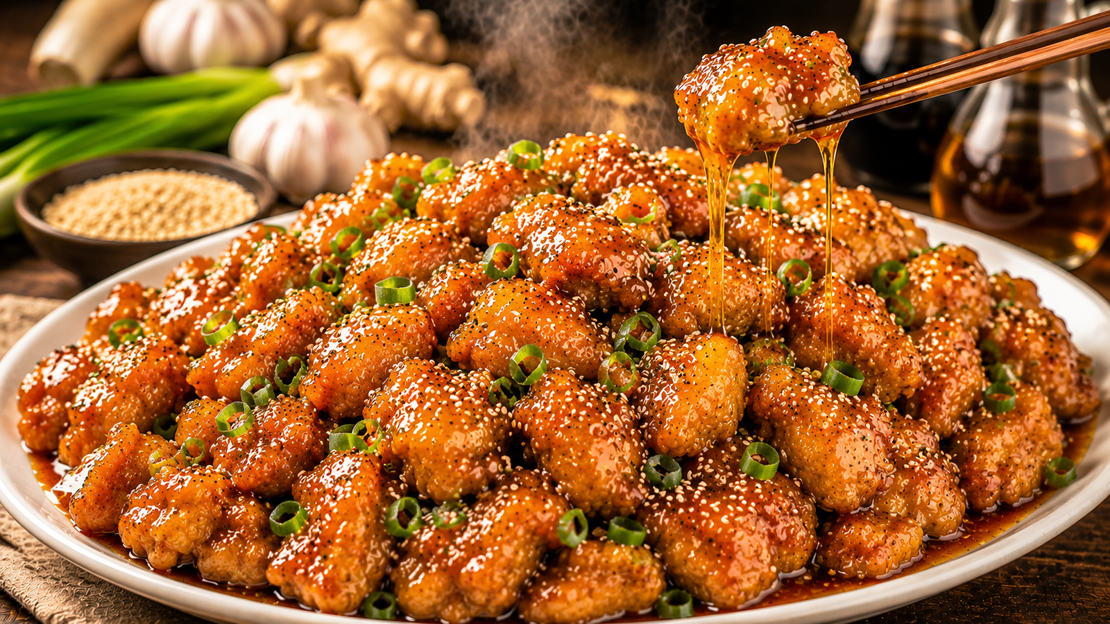 Better-Than-Takeout Sesame Chicken served on a medium white oval platter with crispy golden chicken coated in a glossy honey-sesame glaze, garnished with toasted sesame seeds and fresh green onions.