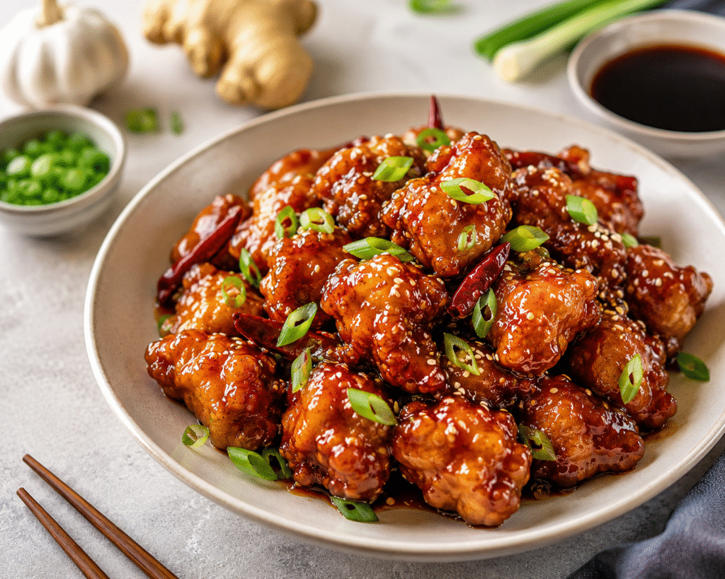 Better Than Takeout General Tso's Chicken served over fluffy jasmine rice with a glossy sweet and spicy sauce, garnished with green onions and sesame seeds.