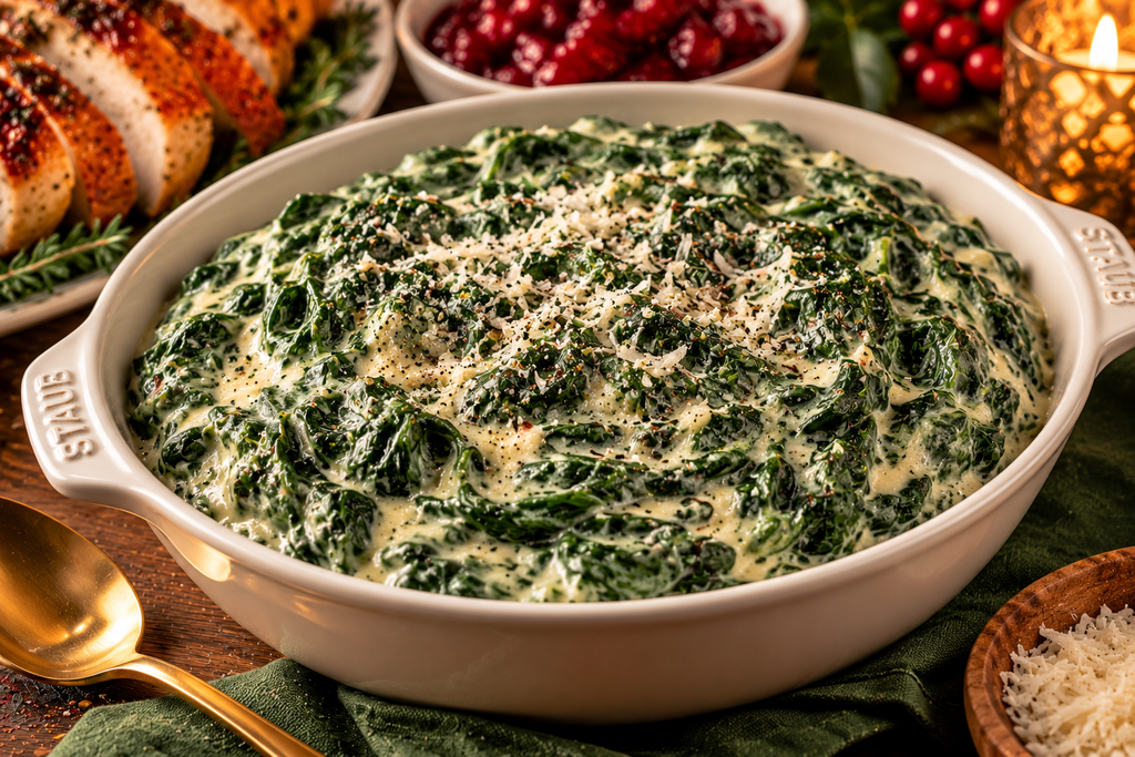 Creamed spinach with Parmesan and garlic served as a festive holiday side dish