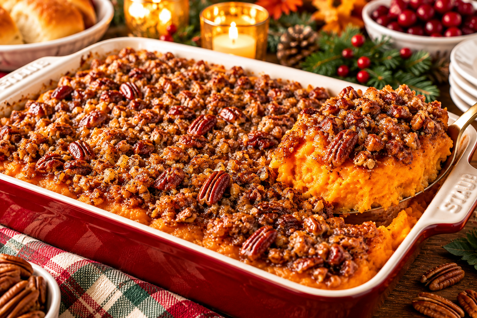 Brown sugar pecan sweet potato casserole with a golden crunchy topping for Thanksgiving dinner