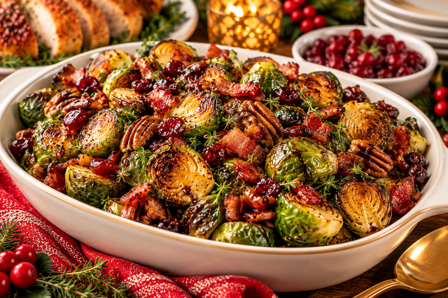Balsamic-glazed Brussels sprouts with crispy bacon served as a festive holiday side dish