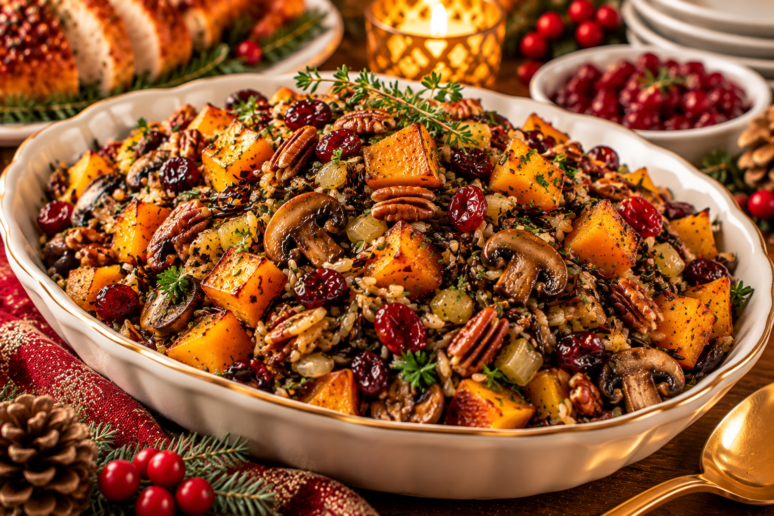 Wild rice pilaf with roasted butternut squash cranberries pecans and herbs for a festive holiday side dish