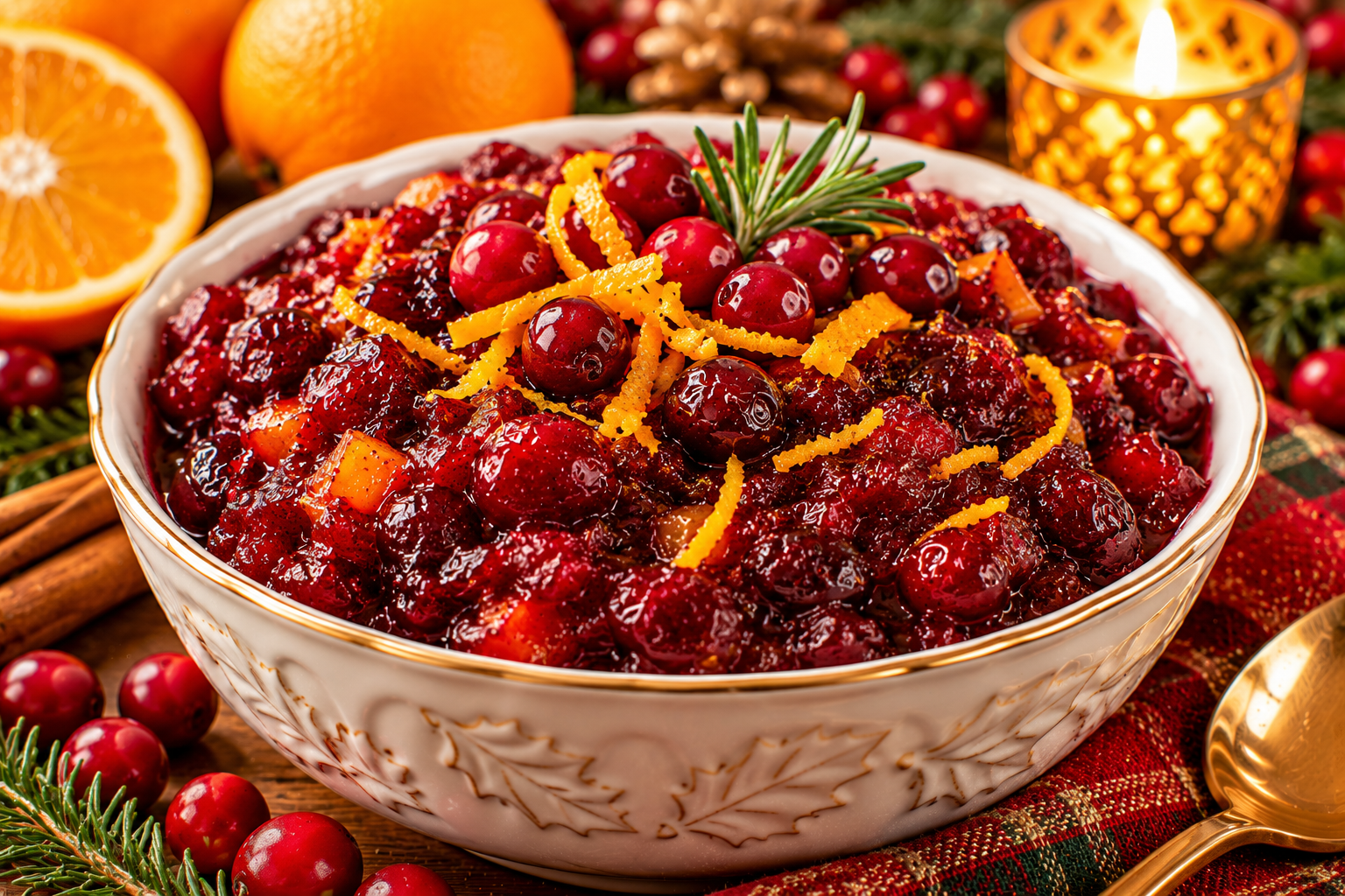 Homemade cranberry orange sauce garnished with orange zest cranberries and rosemary for a holiday dinner