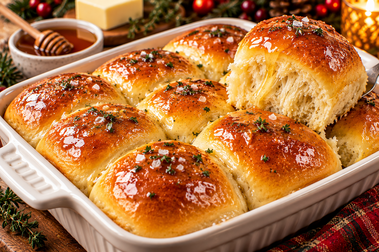 Soft honey butter dinner rolls with golden tops and melted butter on a festive holiday table