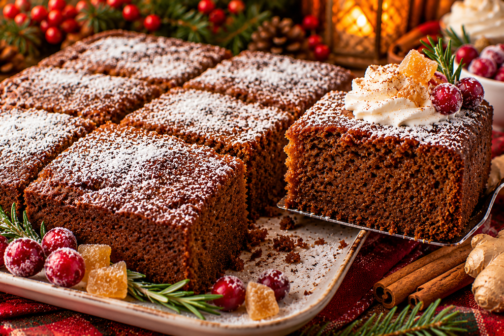Old-fashioned gingerbread cake dusted with powdered sugar on a festive Christmas dessert table