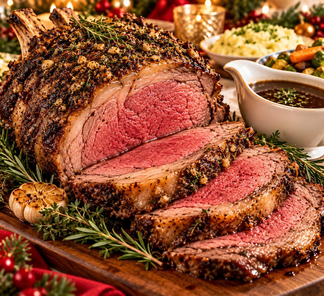 Garlic Herb Prime Rib with Au Jus served for Christmas dinner