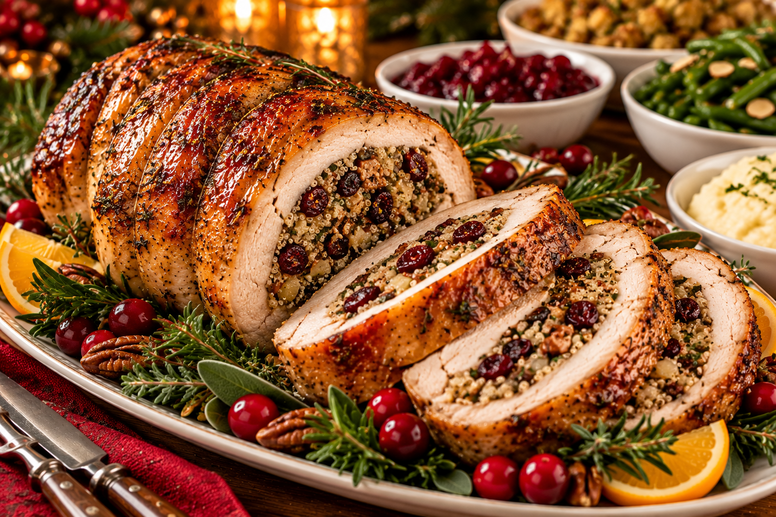 Sliced stuffed turkey breast with quinoa cranberries pecans and herbs on a festive holiday platter