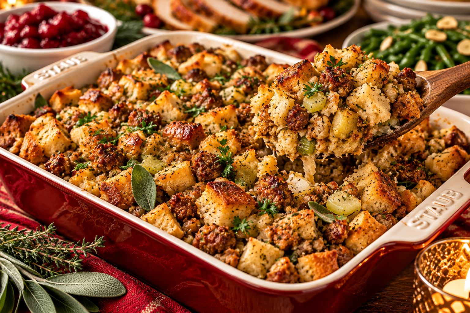 Sausage and herb stuffing with golden toasted bread and fresh herbs in a holiday baking dish