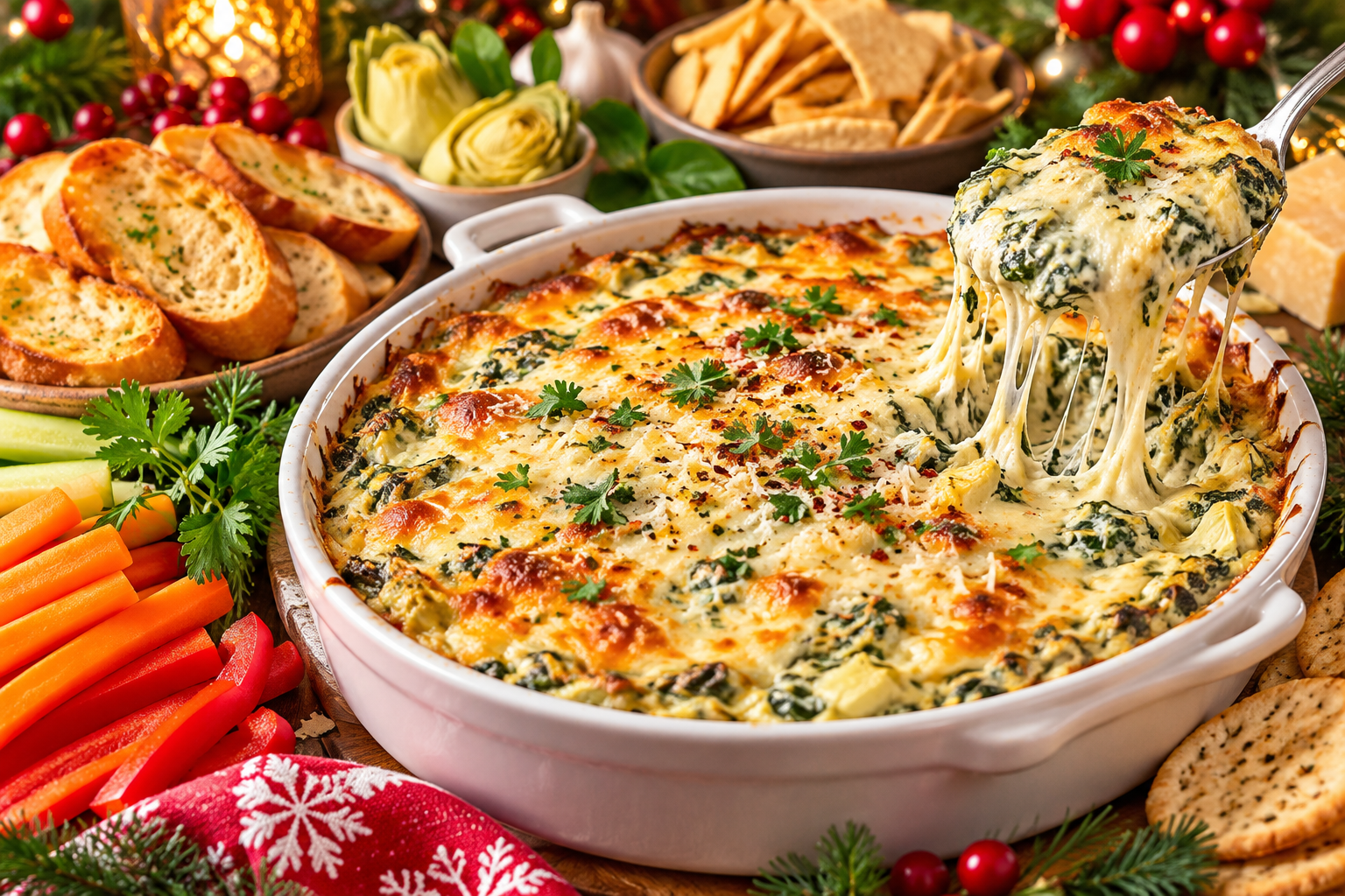 Creamy baked spinach artichoke dip topped with melted golden cheese for a holiday appetizer