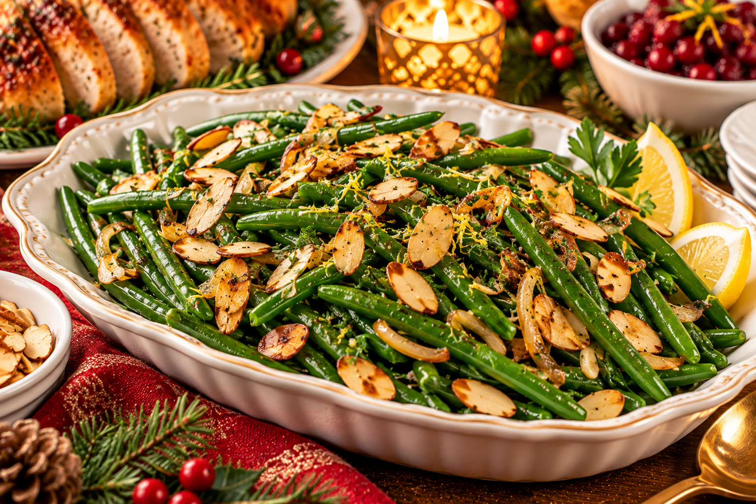 Green Bean Almondine with toasted almonds lemon and fresh herbs served for a festive holiday dinner