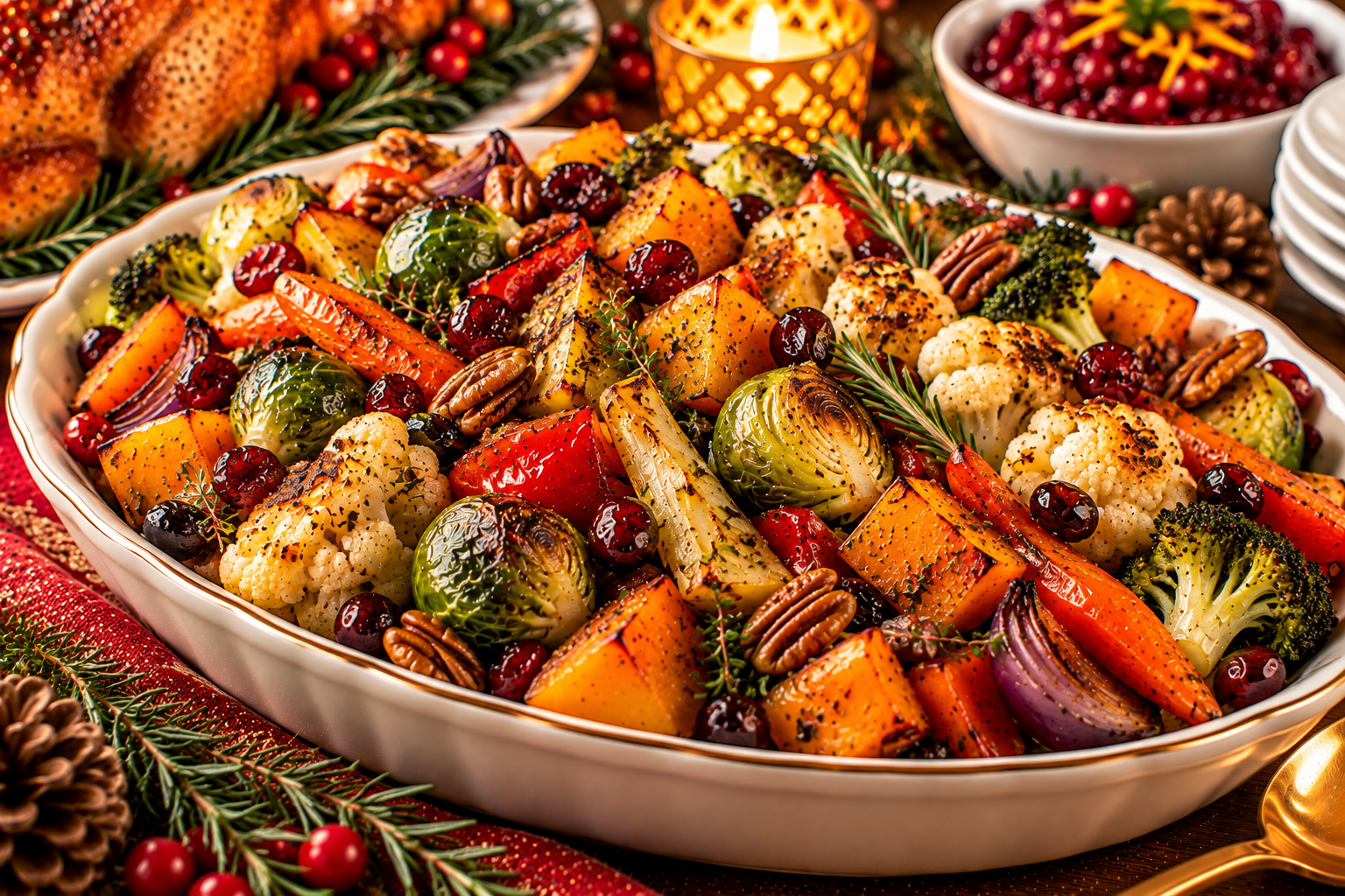 Herb-roasted holiday vegetables with butternut squash Brussels sprouts carrots cranberries and pecans