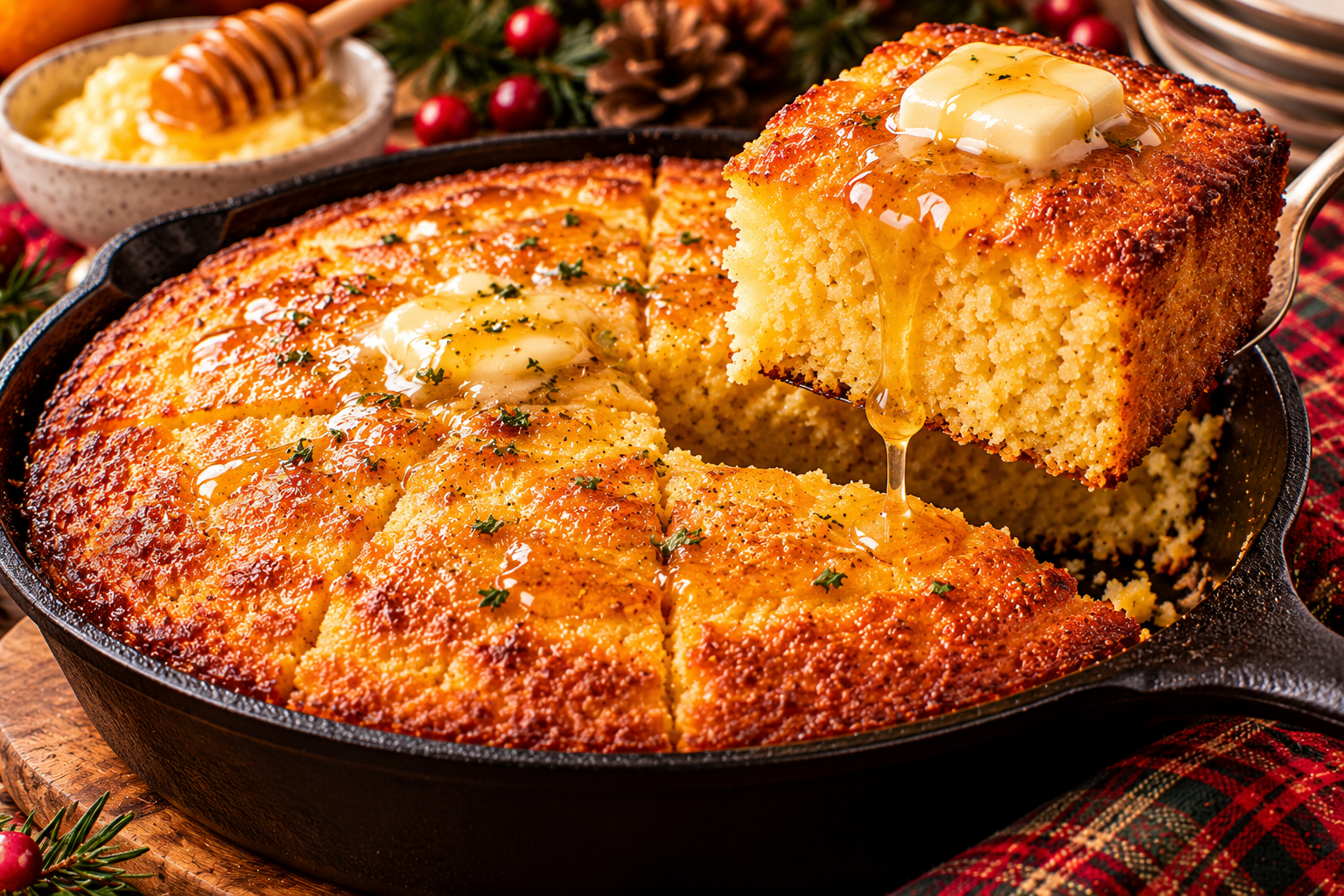 Southern-style honey butter cornbread with golden crust and melted honey butter on a festive holiday table