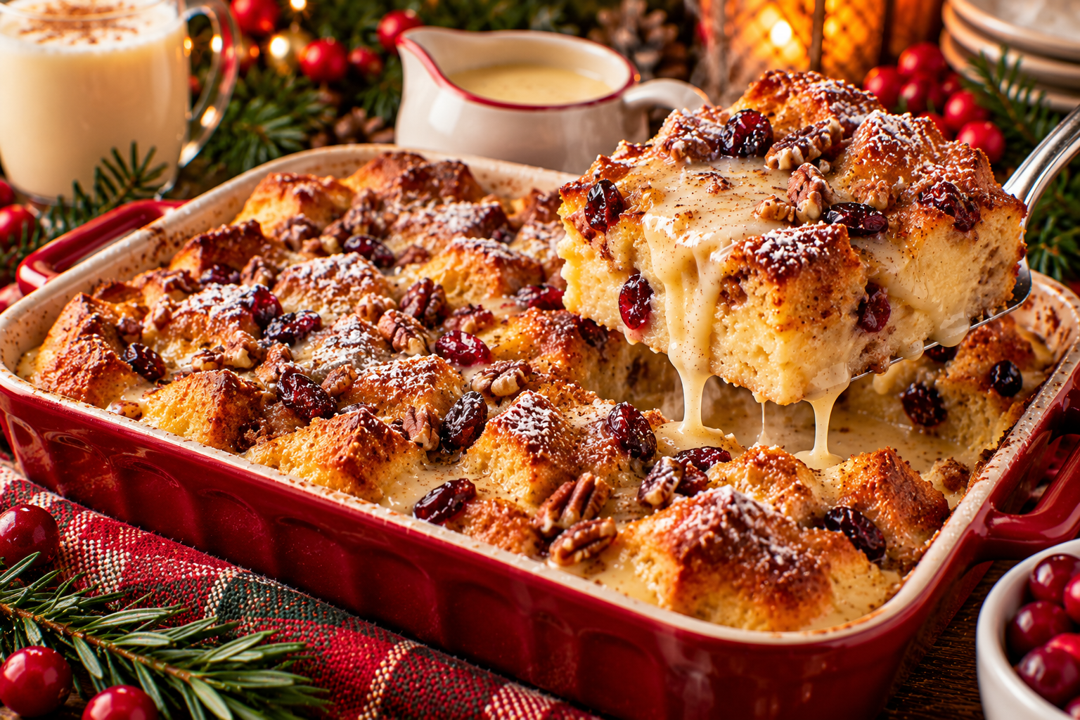 Christmas eggnog bread pudding with vanilla rum sauce powdered sugar and nutmeg