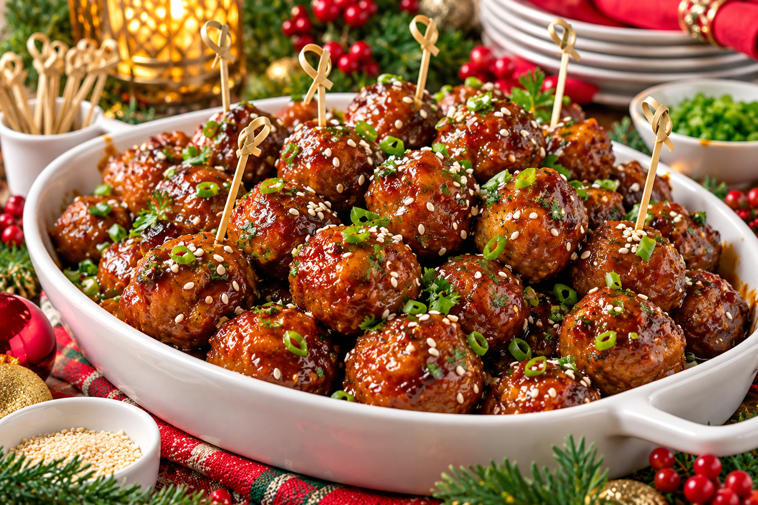 Honey garlic cocktail meatballs coated in glossy sauce and garnished for a festive holiday appetizer