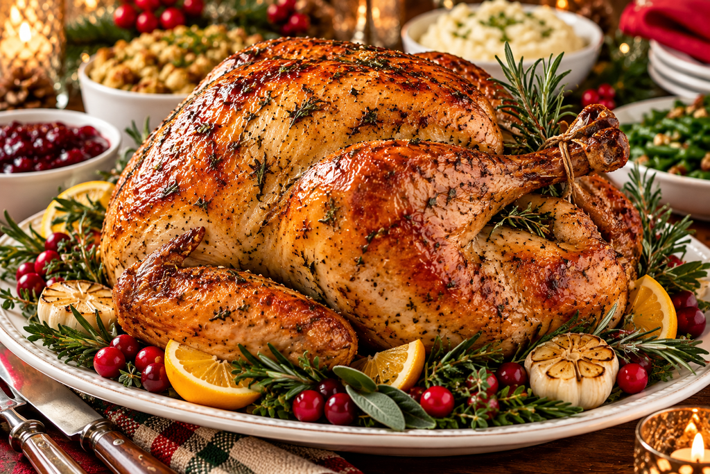 Golden herb butter roasted turkey garnished with fresh herbs for Thanksgiving or Christmas dinner