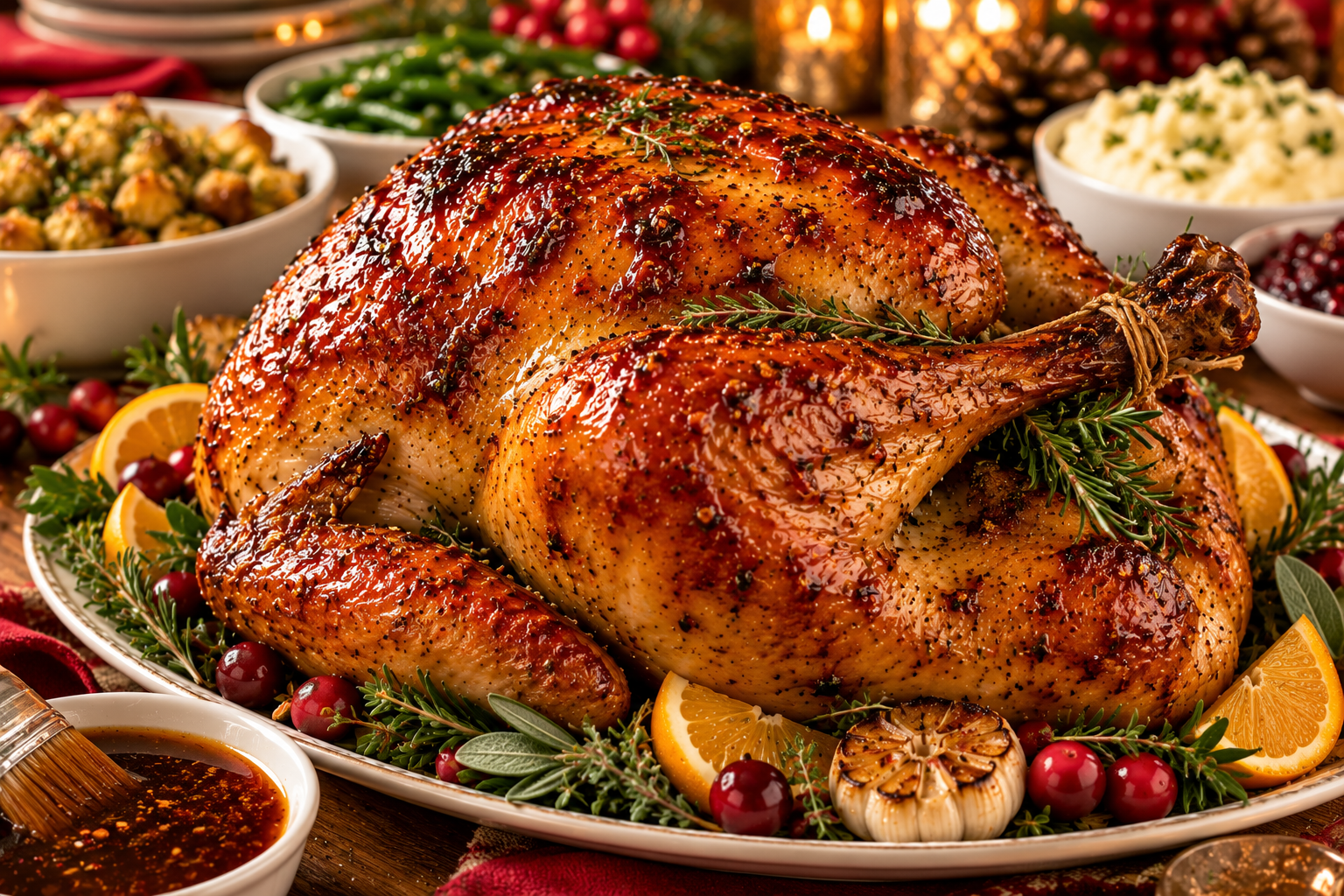 Chili Glazed Turkey with a glossy sweet and spicy glaze, garnished with fresh herbs and served on a festive platter