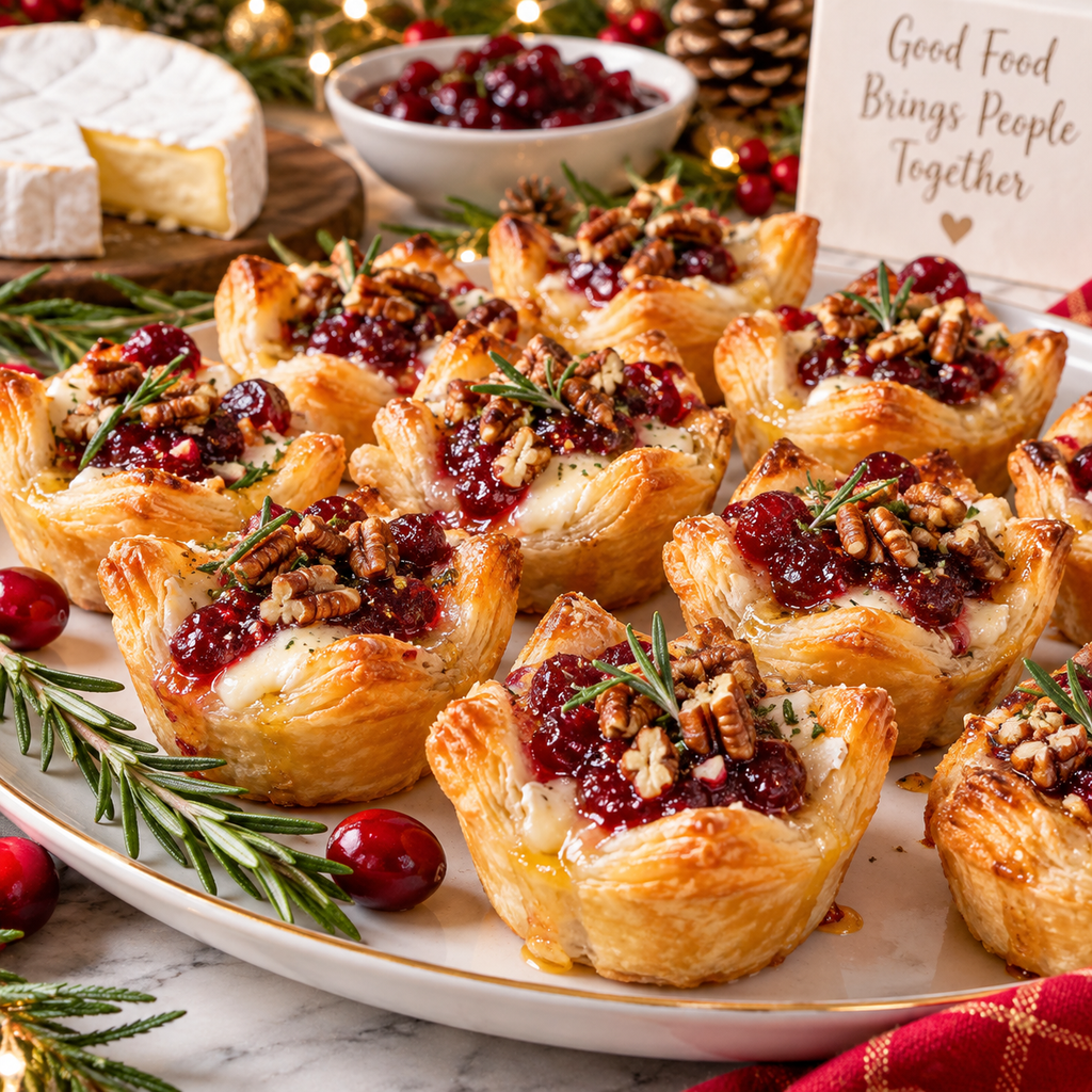 Cranberry Brie puff pastry bites with pecans and rosemary on a festive holiday platter