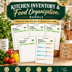 FlavourQuest Kitchen Inventory & Food Organization Bundle with 5 printable kitchen organization planners